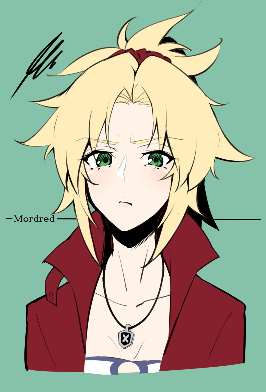 1girl absurdres blonde_hair braid breasts character_name collarbone commentary fate/apocrypha fate_(series) frown green_background green_eyes hair_ornament hair_scrunchie highres jacket jewelry long_hair looking_at_viewer mordred_(fate) mordred_(fate)_(all) necklace ponytail red_jacket red_scrunchie scrunchie shirt simple_background solo takatun223 white_shirt