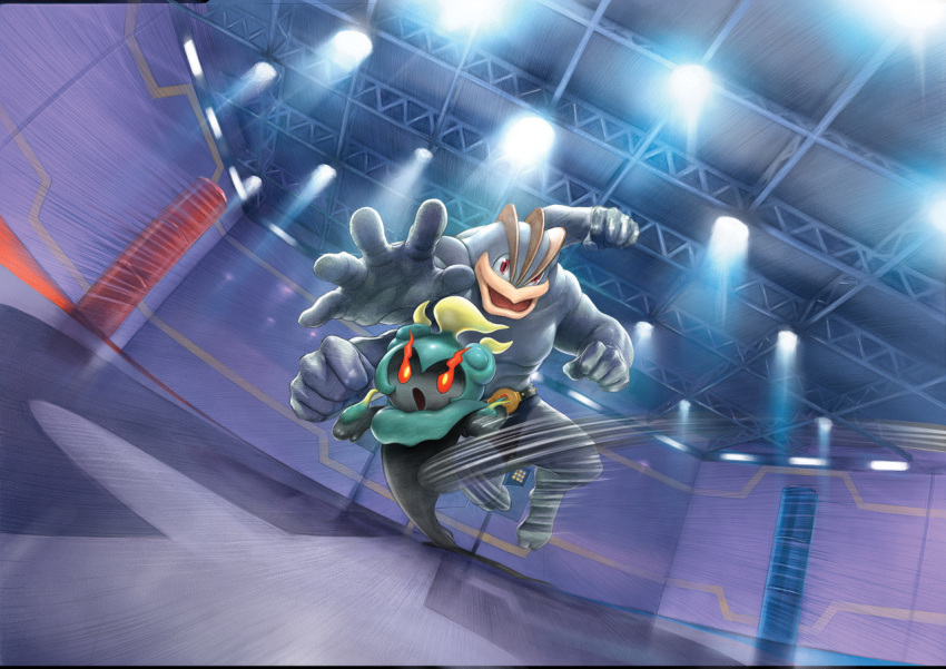 artist_request brown_eyes creature extra_arms fighting_stance full_body gen_1_pokemon gen_7_pokemon indoors jumping light looking_at_viewer machamp marshadow marshadow_(zenith) motion_lines no_humans open_mouth orange_eyes pokemon pokemon_(creature) third-party_source
