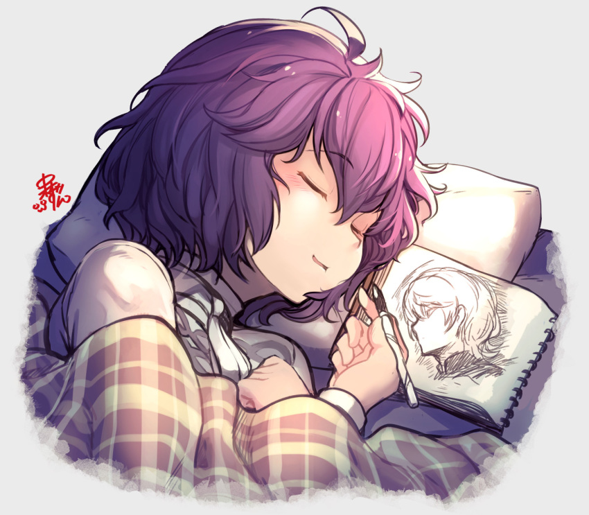 1girl bernadetta_von_varley byleth_(fire_emblem) byleth_eisner_(male) closed_eyes fire_emblem fire_emblem:_three_houses highres holding lying nakabayashi_zun on_side parted_lips pillow purple_hair short_hair sketchbook sleeping solo upper_body