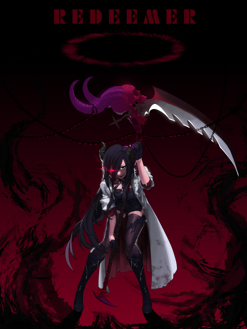 1girl black_eyes black_footwear black_gloves black_hair boots chain coat cross dungeon_and_fighter english_text glint gloves glowing glowing_eye gradient gradient_background hair_between_eyes half_gloves highres holding holding_scythe holding_weapon horns lens_flare long_hair pinkboy scythe shadow skull sleeves_rolled_up smile standing torn_clothes torn_coat weapon white_coat zipper zipper_pull_tab