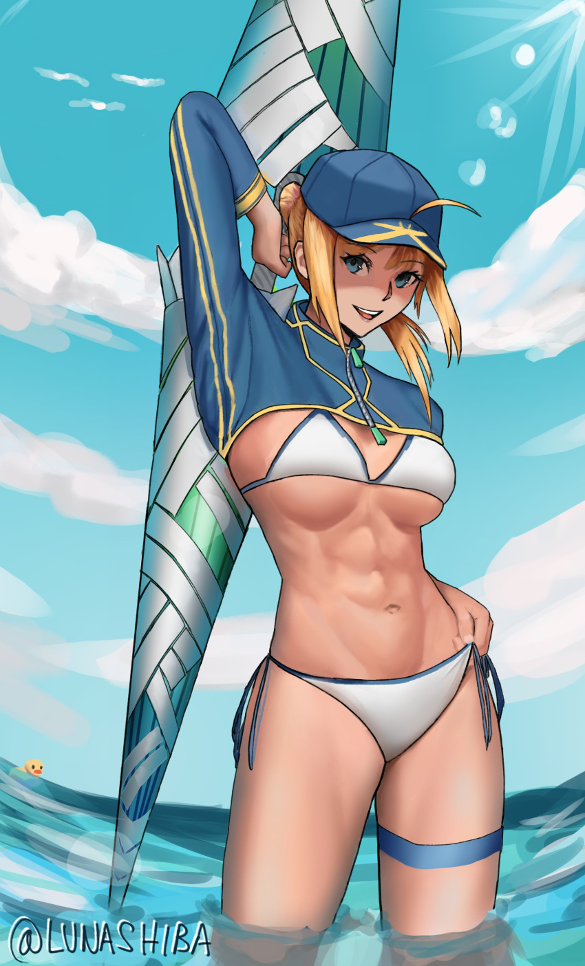 1girl abs absurdres ahoge artoria_pendragon_(all) baseball_cap bikini blonde_hair blue_eyes blue_headwear blue_sky breasts clouds day english_commentary fate/grand_order fate_(series) hat highres holding holding_weapon large_breasts looking_at_viewer lunashiba medium_hair mysterious_heroine_xx_(foreigner) navel polearm ponytail side-tie_bikini sky smile solo spear swimsuit thigh_strap twinmyniad wading water weapon white_bikini