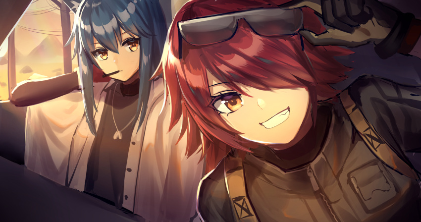 2girls arknights black_gloves black_jacket black_shirt blue_hair day dog_tags expressionless exusiai_(arknights) eyelashes eyewear_on_head food gloves grin hair_between_eyes hair_over_one_eye hand_in_hair highres jacket jewelry k.k_(pixiv) long_hair looking_at_viewer mouth_hold multiple_girls necklace open_clothes open_jacket orange_eyes pocky red_gloves redhead shirt short_hair smile sunglasses sunlight tactical_clothes telephone_pole texas_(arknights) turtleneck upper_body white_jacket zipper