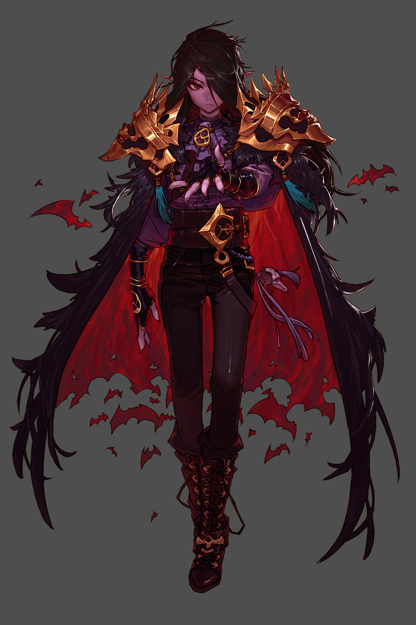 1boy absurdres armor bat belt black_cape black_gloves black_hair blood_mage_(dungeon_and_fighter) boots cape closed_mouth dungeon_and_fighter fingerless_gloves fingernails frown gloves gold gold_trim hair_over_one_eye highres hong_da long_fingernails long_hair male_focus male_mage_(dungeon_and_fighter) multicolored multicolored_cape multicolored_clothes pauldrons pointy_ears purple_skin red_cape red_eyes sharp_fingernails simple_background skull solo torn_cape torn_clothes vampire