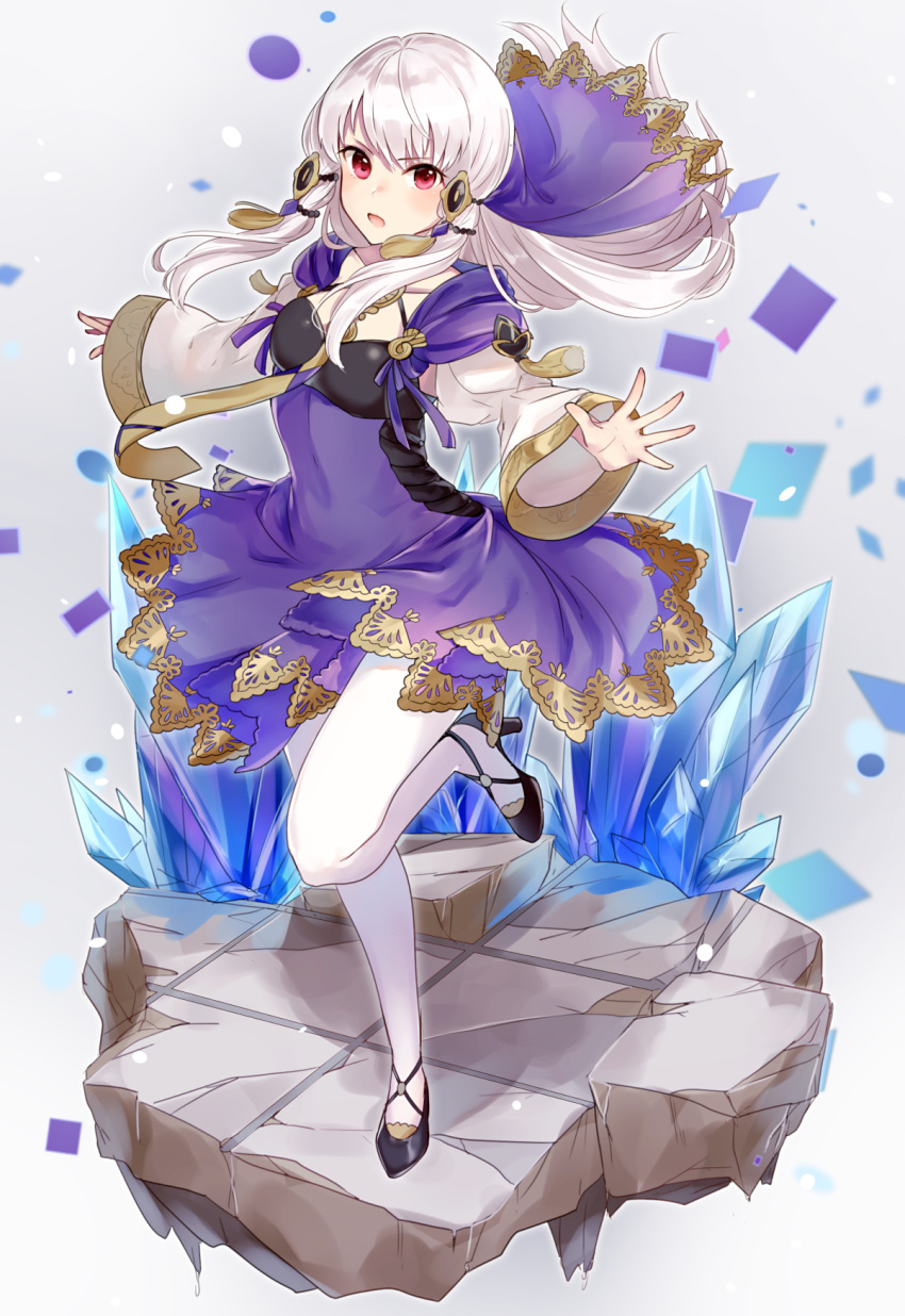 1girl dress fire_emblem fire_emblem:_three_houses full_body hair_ornament haru_(nakajou-28) high_heels highres long_hair long_sleeves lysithea_von_ordelia open_mouth pink_eyes solo white_hair white_legwear