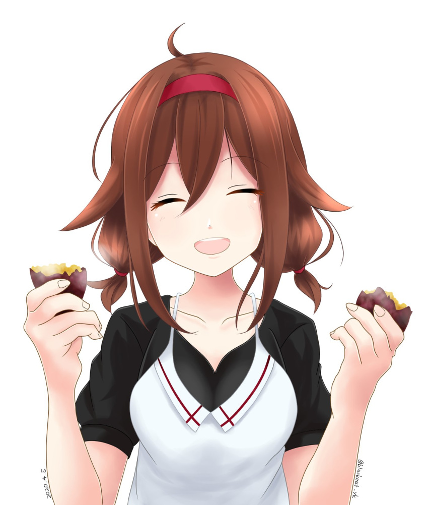 1girl ahoge black_blouse blouse brown_hair closed_eyes commentary_request dress food hairband highres kantai_collection kuroneko86 low_twintails medium_hair open_mouth red_hairband round_teeth shiratsuyu_(kantai_collection) short_sleeves simple_background smile solo sweet_potato teeth twintails upper_body upper_teeth white_background white_dress