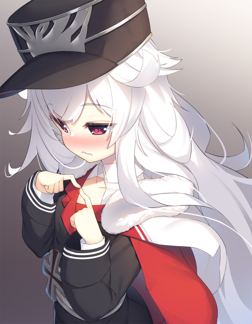 1girl azur_lane bangs black_headwear blush cape child closed_mouth commentary_request eyebrows_visible_through_hair fidgeting frown gradient gradient_background grey_background hat highres iron_cross long_hair long_sleeves looking_away looking_down military military_uniform olive_(laai) peaked_cap red_cape silver_hair solo uniform upper_body very_long_hair violet_eyes zeppelin-chan_(azur_lane)
