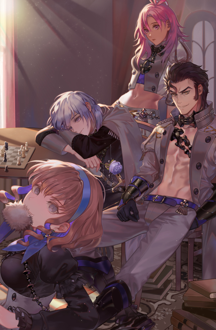 2boys 2girls abs ahoge arm_rest balthus_(fire_emblem) black_dress black_footwear black_gloves blonde_hair book book_stack boots breasts brown_hair capelet chain chair chess_piece chessboard closed_mouth commentary_request constance_von_nuvelle cropped_jacket dark_skin day double-breasted dress drill_hair earrings fan fire_emblem fire_emblem:_three_houses flower folding_fan garreg_mach_monastery_uniform gloves grey_capelet grey_eyes grey_jacket grey_pants grin hair_between_eyes hair_slicked_back hairband hapi_(fire_emblem) highres holding holding_flower indoors jacket jewelry lavender_hair light_particles light_smile lips long_hair long_sleeves looking_at_viewer medium_breasts midriff multicolored_hair multiple_boys multiple_girls navel open_clothes open_jacket orange_eyes pants peach_luo pink_eyes pink_hair puffy_long_sleeves puffy_sleeves purple_flower purple_hair purple_rose rose short_hair side_drill signature sitting smile sunlight table twin_drills two-tone_hair vambraces violet_eyes yuri_(fire_emblem)
