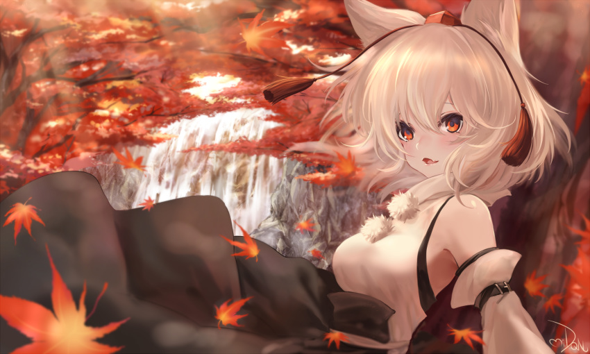 1girl animal_ears autumn_leaves bare_shoulders black_skirt breasts commentary commentary_request detached_sleeves dqn_(dqnww) fang forest hat highres inubashiri_momiji large_breasts leaf looking_at_viewer mountain nature night open_mouth outdoors pom_pom_(clothes) red_eyes rock shirt short_hair silver_hair skin_fang skirt sleeveless sleeveless_shirt solo tail tokin_hat touhou tree turtleneck water waterfall white_shirt wolf_ears wolf_tail