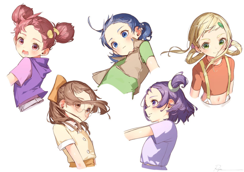 5girls asuka_momoko blonde_hair blue_eyes blue_hair blush brown_eyes brown_hair crop_top cropped_arms cropped_torso double_bun eyes_visible_through_hair fujiwara_hazuki glasses green_eyes green_shirt hair_ornament hairclip harukaze_doremi hood hood_down hooded_vest long_hair medium_hair multiple_girls navel ojamajo_doremi open_mouth parted_lips profile purple_hair purple_shirt red_eyes red_shirt redhead round_eyewear ryota_(ry_o_ta) segawa_onpu senoo_aiko shirt short_hair short_sleeves side_ponytail simple_background suspenders upper_body violet_eyes white_background wind yellow_shirt