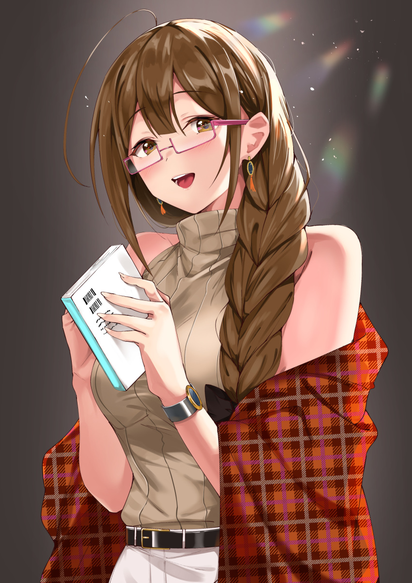1girl ahoge bangs bare_shoulders beige_sweater belt black_bow blush book bow braid breasts brown_eyes brown_hair earrings glasses gradient gradient_background grey_background hair_bow hair_over_shoulder highres holding holding_book idolmaster idolmaster_shiny_colors jewelry kuwayama_chiyuki large_breasts light_particles long_braid long_hair looking_at_viewer offton_cover open_mouth pink-framed_eyewear ribbed_sweater shawl single_braid skirt sleeveless sleeveless_turtleneck smile solo sweater turtleneck turtleneck_sweater white_skirt