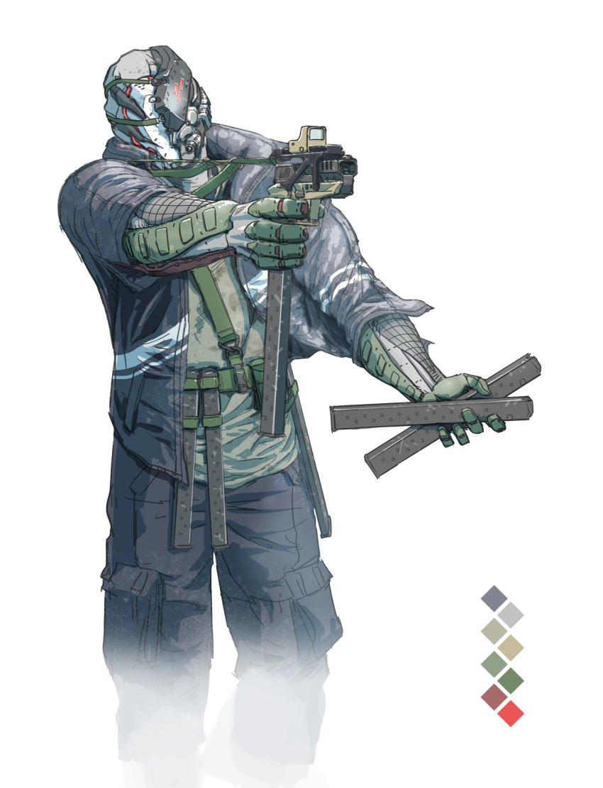 1boy absurdres aiming chaboex check_commentary color_guide commentary_request cyborg extended_magazine gun handgun highres holding holding_gun holding_weapon magazine_(weapon) male_focus original pistol science_fiction solo weapon white_background