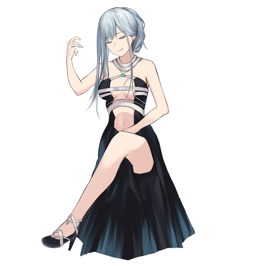1girl ak-12_(girls_frontline) black_dress black_footwear breasts closed_eyes dress girls_frontline hair_ornament high_heels highres long_hair medium_breasts navel shoes silver_hair sitting smile solo talnory tight white_background