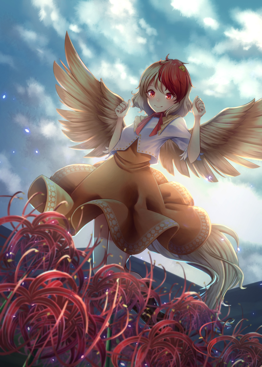 1girl animal_on_head arms_up bird bird_on_head bird_tail bird_wings blonde_hair blue_sky boots brown_dress brown_footwear chick clenched_hands clouds commentary dress dutch_angle english_commentary fall_(5754478) feathered_wings flower folded_leg from_below highres jumping looking_at_viewer mixed-language_commentary mountainous_horizon multicolored_hair neck_ribbon niwatari_kutaka on_head petals red_eyes red_neckwear redhead ribbon shirt short_hair sky sleeves_past_elbows smile solo spider_lily touhou two-tone_hair white_shirt wind wind_lift wings
