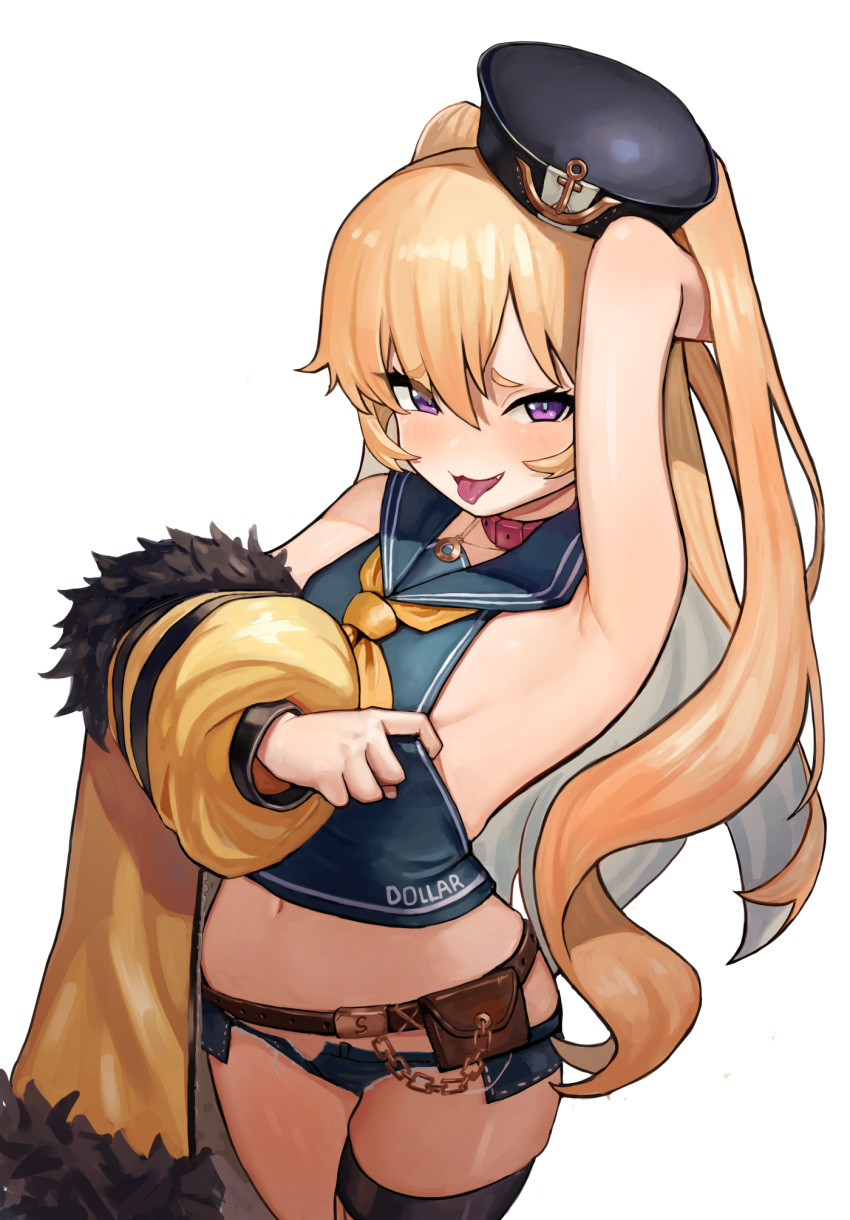 1girl :p arm_up armpits azur_lane bache_(azur_lane) bangs bare_shoulders belt black_headwear blonde_hair blush breasts chain collar eyebrows_visible_through_hair fang fishnet_legwear fishnets fur-trimmed_jacket fur_trim hair_between_eyes hat highres jacket long_hair looking_at_viewer micro_shorts moutama navel open_mouth red_collar sailor_collar shorts sideboob simple_background single_thighhigh small_breasts smile solo thigh-highs tongue tongue_out two_side_up violet_eyes white_background yellow_jacket