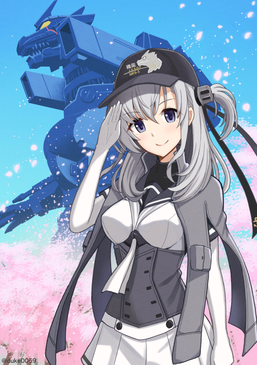 1girl anchor_symbol black_headband black_sailor_collar blue_sky bodysuit breasts cannon cape cherry_blossoms clothes_writing commentary_request day duke_(kimurasun) glowing godzilla_(series) grey_cape grey_jacket hachimaki hair_ornament hat headband highres jacket kantai_collection long_hair looking_at_viewer mecha medium_breasts nib_pen_(medium) one_side_up outdoors propeller_hair_ornament sailor_collar salute silver_hair skirt sky suzutsuki_(kantai_collection) traditional_media tree turret twitter_username type-3_kiryuu white_bodysuit white_headband white_neckwear white_skirt