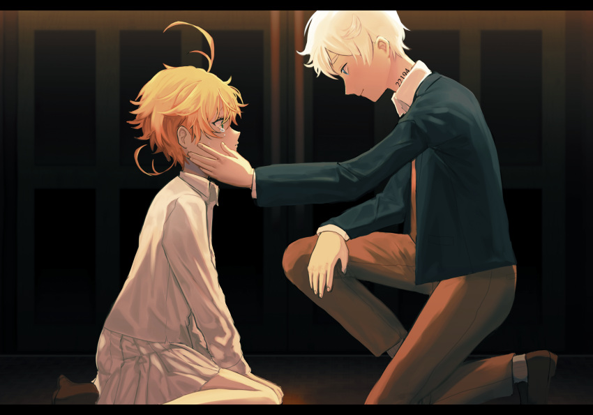 1boy 1girl antenna_hair black_jacket blazer blonde_hair brown_pants closed_mouth collared_shirt crying emma_(yakusoku_no_neverland) eye_contact from_side highres jacket long_sleeves looking_at_another miniskirt norman_(yakusoku_no_neverland) one_knee open_blazer open_clothes open_jacket pants pleated_skirt profile shirt short_hair silver_hair sitting skirt smile superdiviatomic tears wariza white_shirt white_skirt wing_collar yakusoku_no_neverland