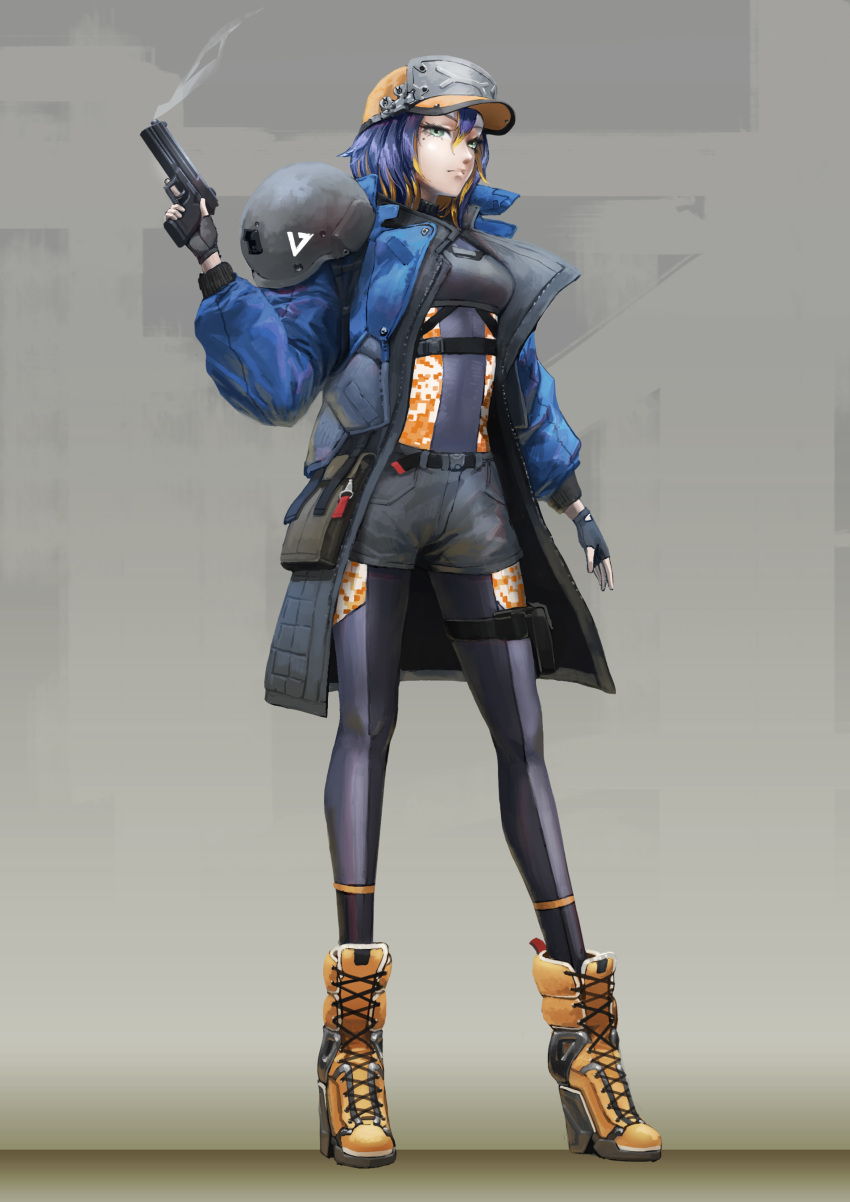 1girl absurdres baseball_cap blonde_hair blue_hair bodysuit boots chaboex commentary fingerless_gloves full_body gloves green_eyes gun handgun hat headwear_removed helmet helmet_removed highres holding holding_gun holding_weapon jacket mole mole_under_eye multicolored_hair original pistol pouch short_shorts shorts smoke solo trigger_discipline two-tone_hair weapon