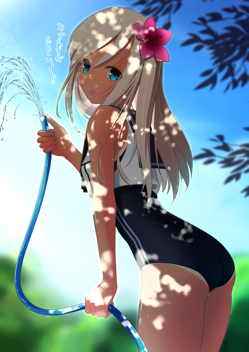 1girl ass blonde_hair blue_eyes commentary_request cowboy_shot crop_top flower hair_flower hair_ornament highres holding holding_hose hose kantai_collection leaning_forward long_hair looking_at_viewer nontraditional_school_swimsuit one-piece_swimsuit one-piece_tan outdoors puriketsu_corgy ro-500_(kantai_collection) sailor_collar school_swimsuit school_uniform serafuku smile solo swimsuit swimsuit_under_clothes tan tanline translation_request water wet