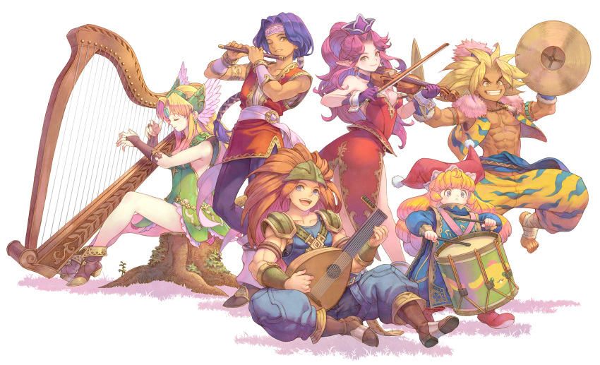 3boys 3girls abs angela_(seiken_densetsu_3) animal_print arm_strap armlet blonde_hair blue_hair boots brown_hair charlotte_(seiken_densetsu_3) closed_eyes cymbals dark_skin drum drumming drumsticks duran_(seiken_densetsu_3) earrings flute gloves grin haccan harp hat hawkeye_(seiken_densetsu_3) headband headgear highres instrument jester_cap jewelry kevin_(seiken_densetsu_3) long_hair long_sleeves looking_at_viewer multiple_boys multiple_girls music official_art one_eye_closed open_mouth pauldrons pointy_ears purple_hair riesz seiken_densetsu seiken_densetsu_3 sitting sleeveless sleeveless_jacket smile tiger_print transparent_background tree_stump violin