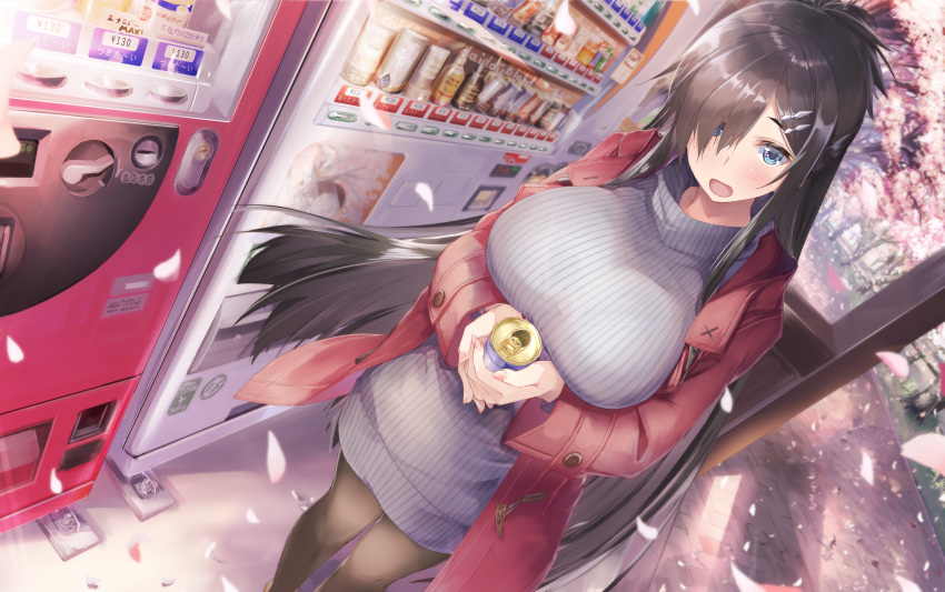 1girl :d absurdres black_hair black_legwear blue_eyes breasts can coat daidou_(demitasse) day dress duffel_coat fanbox_reward feet_out_of_frame hair_ornament hair_over_one_eye hairclip highres holding holding_can large_breasts long_hair long_sleeves open_mouth original outdoors own_hands_together paid_reward pantyhose petals purple_dress purple_sweater red_coat smile soda_can solo spring_(season) standing straight_hair sweater sweater_vest vending_machine very_long_hair