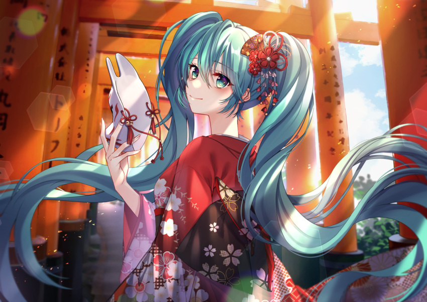 1girl bell blue_eyes blue_hair cherry_blossom_print commentary floral_print flower fox_mask from_behind hair_flower hair_ornament hand_up hatsune_miku head_tilt holding holding_mask japanese_clothes kimono kiwi_(pixiv6429539) long_hair looking_at_viewer mask multiple_torii outdoors red_flower red_kimono sky smile solo sunlight torii tree twintails vocaloid