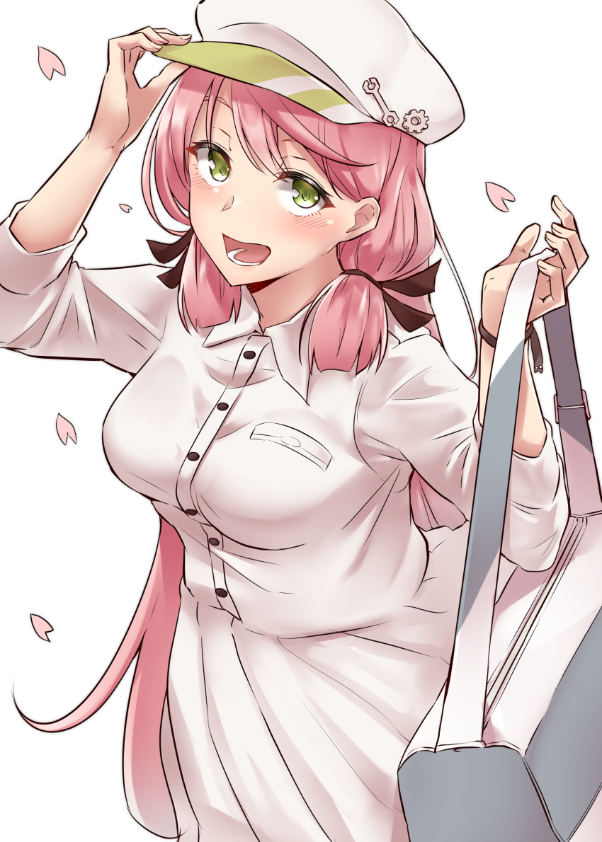 1girl :d absurdres akashi_(kantai_collection) alternate_costume bag blush casual from_above green_eyes hair_ribbon hat_ornament highres holding holding_bag kantai_collection kiritto long_hair long_skirt looking_at_viewer open_mouth pink_hair pink_shirt pink_skirt pleated_skirt ribbon shirt skirt smile solo tress_ribbon watch watch