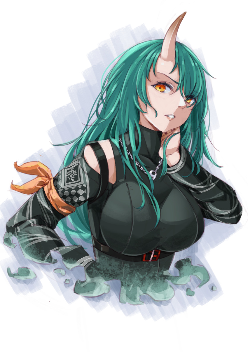 1girl absurdres angruoxin aqua_hair arknights arm_ribbon bare_shoulders black_bodysuit bodysuit breasts buckle cropped_torso hand_up highres horn hoshiguma_(arknights) jewelry large_breasts long_hair long_sleeves looking_at_viewer magatama_necklace necklace orange_ribbon parted_lips red_eyes ribbon shoulder_cutout skin-covered_horns skin_tight solo upper_body v-shaped_eyebrows