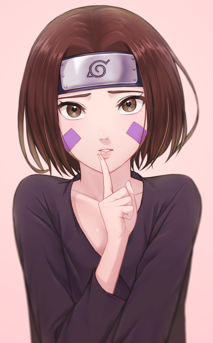 1girl absurdres bangs beige_background breasts brown_eyes brown_hair collarbone commentary_request face forehead_protector hands highres lips looking_at_viewer miru_(wvjc7832) naruto naruto_(series) nohara_rin parted_bangs parted_lips short_hair simple_background small_breasts solo teeth