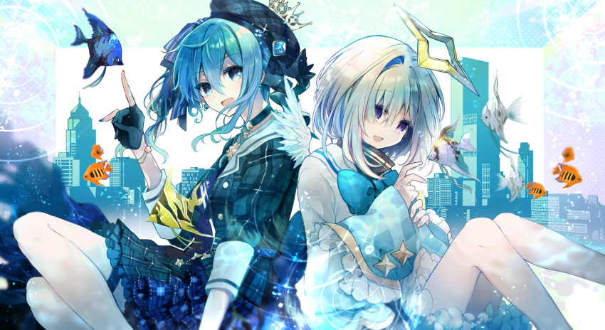 2girls :d amane_kanata angel_wings angelfish black_gloves blue_eyes blue_hair bow bowtie crown cyawa diamond_(shape) dress earrings fingerless_gloves gloves halo hat highlights highres hololive hoshimachi_suisei jewelry long_sleeves multicolored_hair multiple_girls open_mouth plaid plaid_skirt plaid_vest short_hair sitting skirt smile star star_earrings suisei_channel vest violet_eyes virtual_youtuber wings