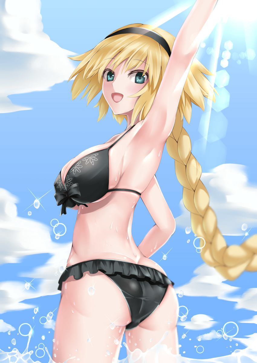 1girl :d absurdres arm_up armpits ass bag bikini black_bikini black_hairband blonde_hair blue_eyes blue_sky braided_ponytail breasts clouds covered_nipples cowboy_shot eyebrows_visible_through_hair fate/grand_order fate_(series) floating_hair frilled_bikini_bottom from_behind front-tie_bikini front-tie_top hair_between_eyes hairband highres jeanne_d'arc_(fate)_(all) jeanne_d'arc_(swimsuit_archer) kamehito large_breasts long_hair looking_at_viewer open_mouth sideboob sky smile solo standing swimsuit under_boob very_long_hair