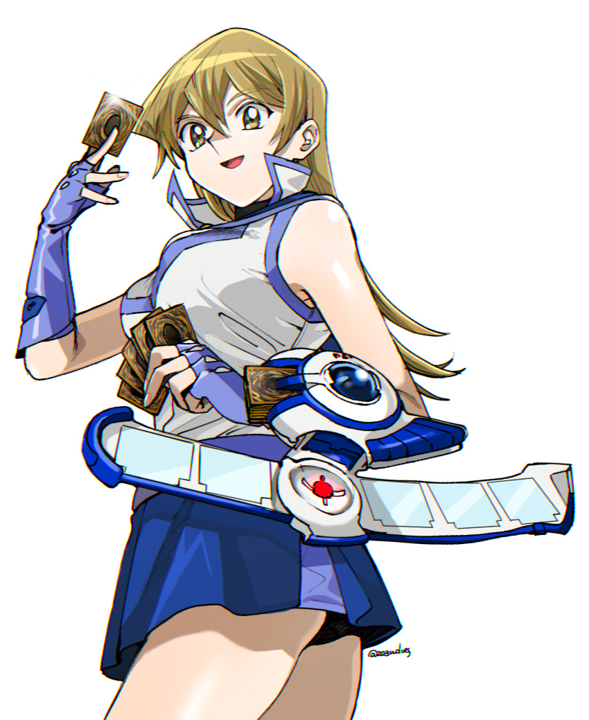 1girl 203wolves bangs bare_shoulders blonde_hair blue_skirt breasts buttons card commentary_request duel_disk eyebrows_visible_through_hair fingerless_gloves fingernails gloves highres holding long_hair looking_at_viewer medium_breasts miniskirt open_mouth shiny shiny_hair shiny_skin signature simple_background skirt sleeveless smile tenjouin_asuka uniform white_background yuu-gi-ou yuu-gi-ou_gx