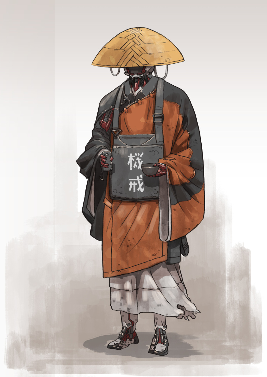 1boy absurdres android begging chaboex cyborg hat highres holding japanese_clothes male_focus mecha monk original rice_hat science_fiction simple_background solo