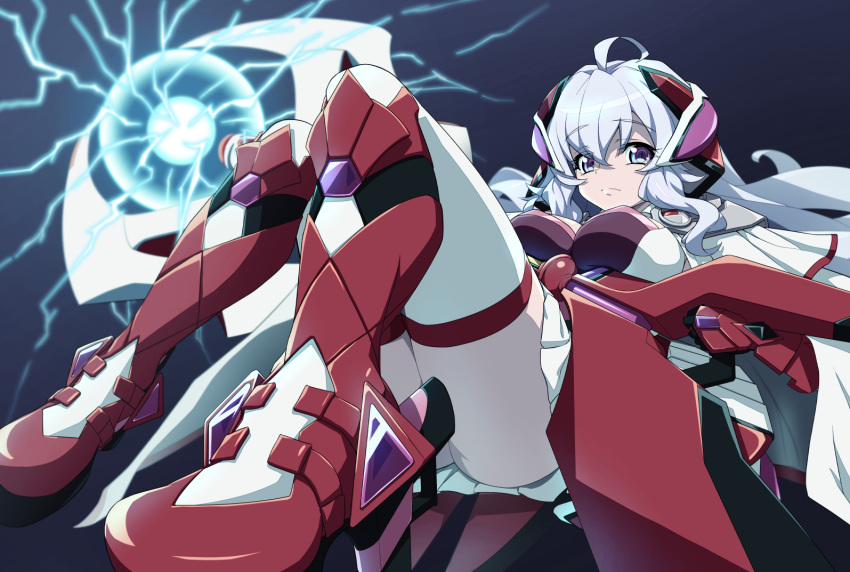 1girl ahoge ass boots breasts electricity headgear headphones large_breasts lavender_hair long_hair looking_at_viewer lying on_back red_legwear senki_zesshou_symphogear senki_zesshou_symphogear_xd_unlimited simple_background skirt solo thigh-highs uganda violet_eyes white_legwear yukine_chris