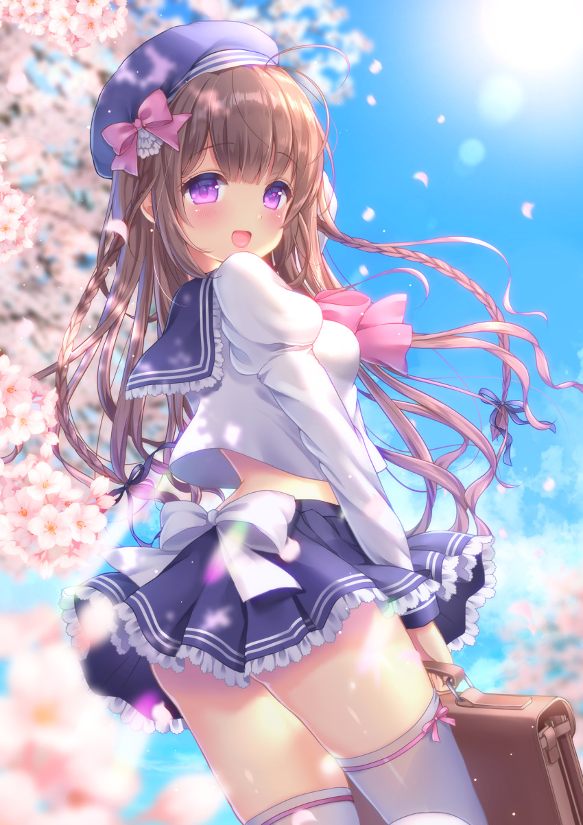 1girl :d ass bangs beret blue_headwear blue_ribbon blue_sailor_collar blue_skirt blue_sky blurry blurry_background blush bow braid breasts brown_hair cherry_blossoms commentary_request day depth_of_field eyebrows_visible_through_hair flower hair_bow hair_ribbon hat highres holding juliet_sleeves long_hair long_sleeves looking_at_viewer looking_back open_mouth original outdoors petals pink_bow pink_flower pleated_skirt puffy_sleeves ribbon sailor_collar school_briefcase school_uniform serafuku shirt skirt sky small_breasts smile solo standing standing_on_one_leg thigh-highs twin_braids very_long_hair white_bow white_legwear white_shirt yuyuko_(yuyucocco)