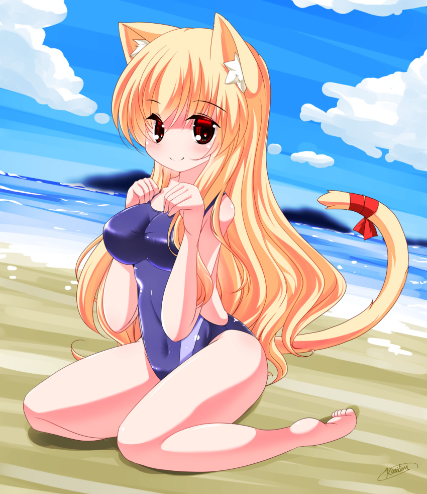 1girl animal_ear_fluff animal_ears bad_feet bangs bare_arms bare_legs bare_shoulders barefoot beach blue_sky blue_swimsuit blush breasts cat_ears cat_girl cat_tail closed_mouth clouds commentary_request competition_swimsuit covered_navel day eyebrows_visible_through_hair hair_between_eyes hands_up highres horizon kanijiru medium_breasts ocean one-piece_swimsuit original outdoors red_eyes red_ribbon ribbon sand signature sitting sky smile solo swimsuit tail tail_raised tail_ribbon wariza water