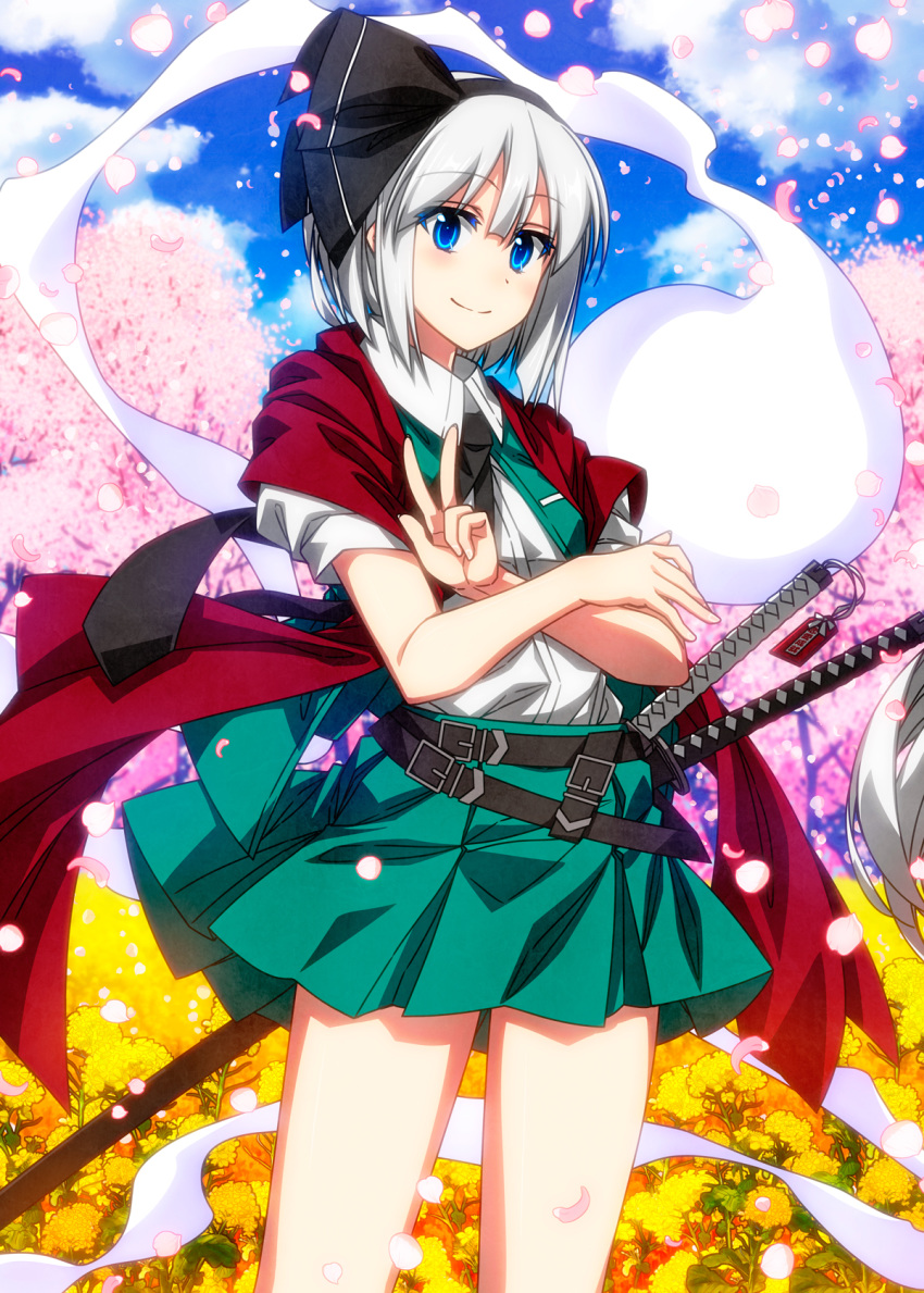 1girl bangs belt belt_buckle black_hairband black_ribbon blue_eyes blush buckle cherry_blossoms closed_mouth clouds collared_shirt colored_eyelashes commentary_request cowboy_shot eyebrows_visible_through_hair flower green_skirt green_vest hair_ribbon hairband highres hitodama katana konpaku_youmu konpaku_youmu_(ghost) looking_at_viewer miniskirt open_clothes open_vest petals red_scarf ribbon sazanami_mio scarf sheath sheathed shirt short_hair silver_hair skirt smile solo spring_(season) sword thighs touhou v vest weapon white_shirt wing_collar yellow_flower