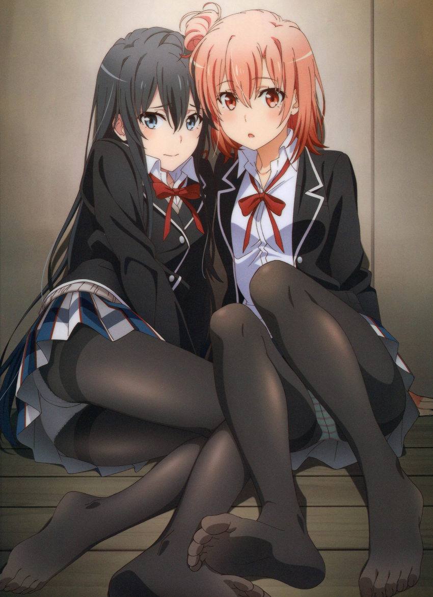 2girls absurdres artist_request black_hair black_legwear blazer blue_eyes brown_hair feet hair_bun highres jacket long_hair multiple_girls no_shoes orange_eyes panties pantyhose pink_hair plaid plaid_skirt red_ribbon redhead ribbon school_uniform short_hair side_bun skirt soles toes underwear yahari_ore_no_seishun_lovecome_wa_machigatteiru. yuigahama_yui yukinoshita_yukino