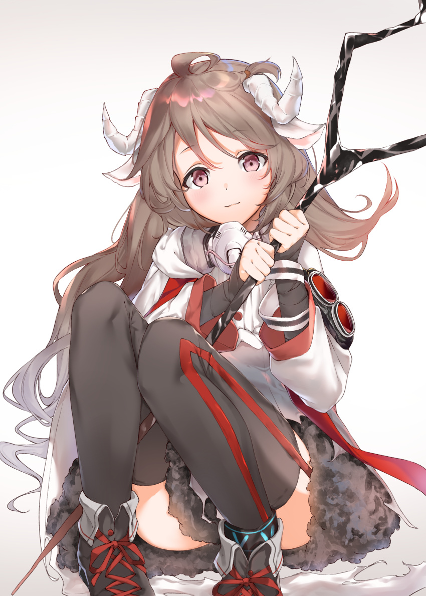 1girl absurdres animal_ears arknights black_footwear black_legwear blush brown_hair closed_mouth commentary_request curled_horns eyjafjalla_(arknights) fur-trimmed_skirt fur_trim garter_straps goggles goggles_removed gradient gradient_background highres holding holding_staff horns jacket kimidori3_karla knees_up long_hair long_sleeves looking_at_viewer mask_around_neck miniskirt red_ribbon ribbon sheep_ears sheep_horns sitting skirt smile solo staff thigh-highs very_long_hair violet_eyes white_background white_jacket