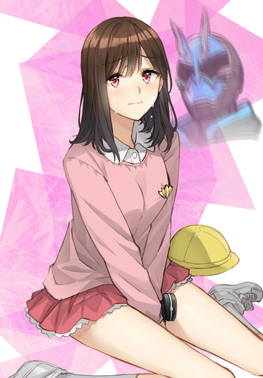 1girl actor_connection bangs between_legs blush breasts brown_hair closed_mouth collared_shirt crying crying_with_eyes_open dress_shirt eyebrows_visible_through_hair hand_between_legs hat hat_removed headwear_removed highres kamen_rider kamen_rider_ghost_(series) kamen_rider_specter kindergarten_uniform kudou_mio_(actress) long_hair looking_at_viewer mashin_sentai_kiramager motion_blur ooharu_sayo pink_shirt pleated_skirt red_eyes red_skirt school_hat shirt shoes sitting skirt small_breasts socks solo_focus somechime_(sometime1209) super_sentai tears wariza wavy_mouth white_footwear white_legwear white_shirt yellow_headwear