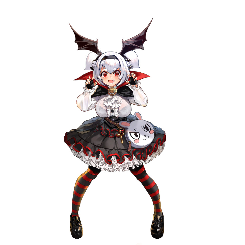 1girl :3 black_skirt blouse bra breasts claw_pose eyebrows fang fingerless_gloves frills full_body gloves gothic gothic_lolita head_wings highres huge_breasts last_origin lolita_fashion mr.yun official_art open_mouth oppai_loli pantyhose petticoat pose red_eyes see-through skirt smile solo striped striped_legwear t-13_alvis tachi-e two_side_up underwear white_blouse white_hair