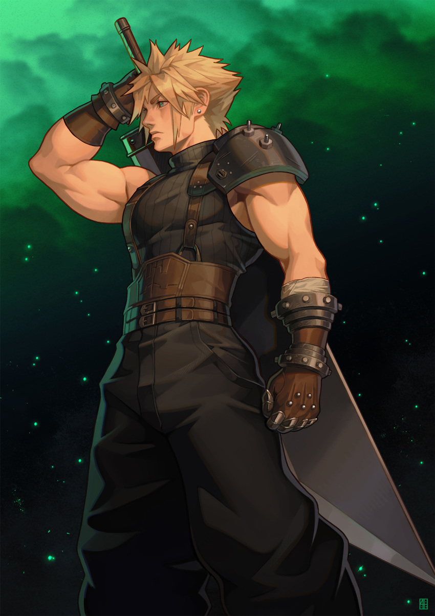 1boy alejandro_tio biceps blonde_hair brown_gloves buster_sword cloud_strife dark_background earrings final_fantasy final_fantasy_vii final_fantasy_vii_remake gloves highres jewelry looking_to_the_side serious shoulder_armor sleeveless sleeveless_turtleneck solo standing stud_earrings suspenders sword turtleneck weapon weapon_on_back