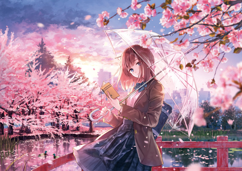 1girl animal bag bangs bird blazer blue_bow blue_eyes blue_skirt bow brown_hair brown_jacket cherry_blossoms closed_mouth clouds cloudy_sky commentary_request dress_shirt duck eyebrows_visible_through_hair flower hanekoto holding holding_umbrella jacket open_blazer open_clothes open_jacket original outdoors petals petals_on_liquid pink_flower plaid plaid_skirt pleated_skirt railing school_bag school_uniform shirt skirt sky smile solo sunset transparent transparent_umbrella tree tree_branch umbrella water white_shirt