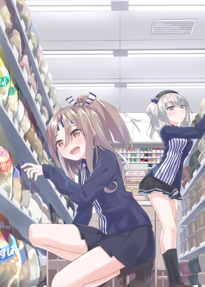 2girls beret black_headwear black_legwear black_skirt blue_eyes blue_shirt bowl brown_eyes brown_hair chips commentary_request counter employee_uniform food gedoo_(gedo) hachimaki hat headband high_ponytail highres indoors kantai_collection kashima_(kantai_collection) kneehighs lawson long_hair looking_at_viewer multiple_girls pleated_skirt potato_chips shelf shirt sidelocks silver_hair skirt squatting standing striped striped_shirt twintails uniform wavy_hair zuihou_(kantai_collection)