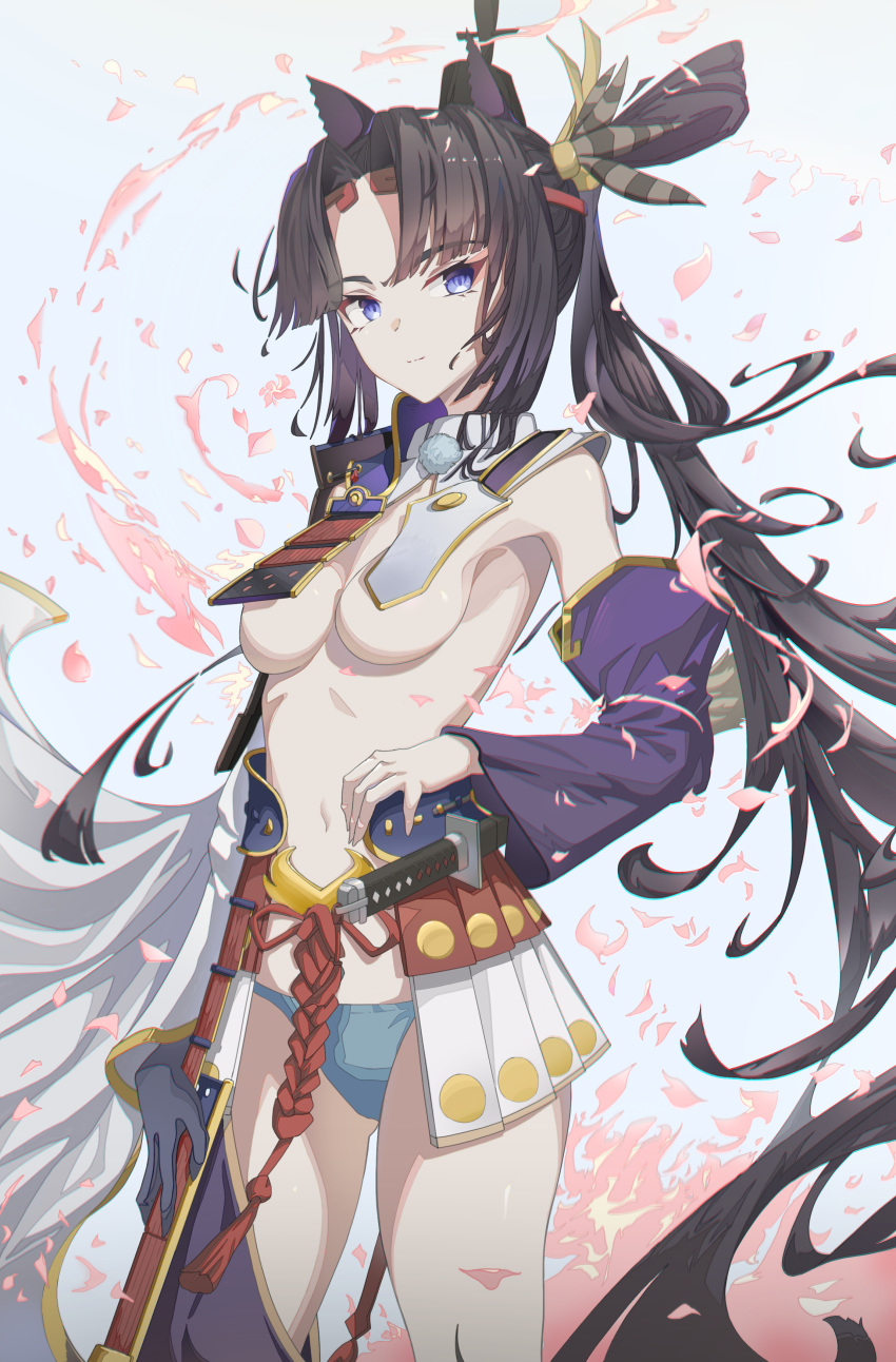 1girl absurdres animal_ears bangs black_hair black_headwear blue_eyes breast_curtains breasts detached_sleeves eyebrows_visible_through_hair fate/grand_order fate_(series) hat highres hyunwoo long_hair long_sleeves looking_at_viewer medium_breasts mini_hat mismatched_sleeves navel parted_bangs pom_pom_(clothes) ponytail revealing_clothes solo ushiwakamaru_(fate/grand_order) very_long_hair