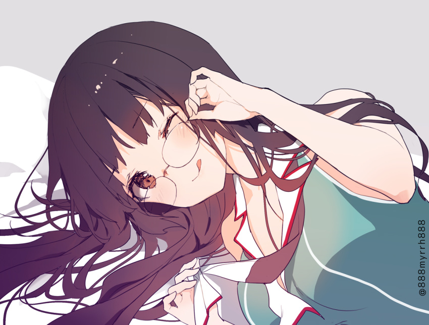 1girl 888myrrh888 black_hair blush choukai_(kantai_collection) commentary_request eyebrows_visible_through_hair glasses grey_background kantai_collection long_hair no_hat no_headwear one_eye_closed red_eyes remodel_(kantai_collection) rimless_eyewear school_uniform sleeveless smile solo tongue tongue_out twitter_username upper_body