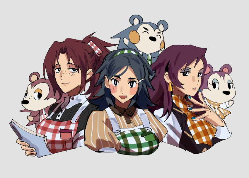 3girls apron asami_(doubutsu_no_mori) bangs black_eyes black_hair black_shirt black_vest blue_nails blush_stickers breasts brown_hair brown_shirt collared_shirt doubutsu_no_mori earrings english_commentary eyeshadow freckles green_apron grey_background hair_ornament hair_ribbon hairband hairclip hedgehog highres humanization jewelry keito_(doubutsu_no_mori) kendy_(revolocities) kinuyo_(doubutsu_no_mori) light_smile lips long_hair looking_at_viewer makeup medium_breasts medium_hair multiple_girls nail_polish open_mouth orange_scarf parted_bangs plaid plaid_apron plaid_scarf ponytail purple_hair red_apron ribbon scarf shirt siblings simple_background sisters smile striped striped_shirt upper_body vest white_shirt