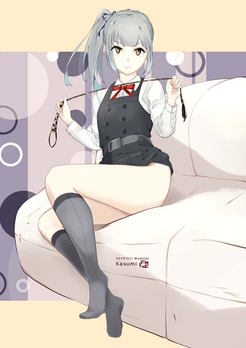 1girl absurdres ass belt black_ribbon character_name couch dated dress full_body grey_legwear hair_ribbon highres holding_whip kantai_collection kasumi_(kantai_collection) kneehighs long_hair long_sleeves looking_at_viewer no_shoes pinafore_dress red_ribbon remodel_(kantai_collection) ribbon school_uniform shirt side_ponytail silver_hair sitting sleeveless sleeveless_dress smile solo twitter_username velchi white_shirt yellow_eyes