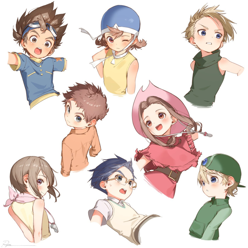 3girls 5boys blonde_hair blue_eyes blue_hair blue_helmet brown_hair collared_shirt cropped_arms cropped_torso digimon digimon_adventure from_behind glasses green_headwear hat helmet highres ishida_yamato izumi_koushirou kido_jou long_hair long_sleeves multiple_boys multiple_girls one_eye_closed pink_headwear profile red_eyes ryota_(ry_o_ta) shirt short_hair short_sleeves signature sleeveless tachikawa_mimi takaishi_takeru takenouchi_sora vest wind yagami_hikari yagami_taichi