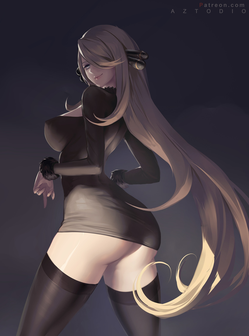 1girl arched_back artist_name ass azto_dio black_dress black_legwear blonde_hair blue_eyes breasts cleavage_cutout closed_mouth dress from_side fur-trimmed_sleeves fur_trim hair_ornament hair_over_one_eye highres large_breasts long_hair long_sleeves looking_at_viewer looking_to_the_side no_panties pokemon pokemon_(game) pokemon_dppt shirona_(pokemon) short_dress smile solo straight_hair thigh-highs very_long_hair watermark web_address