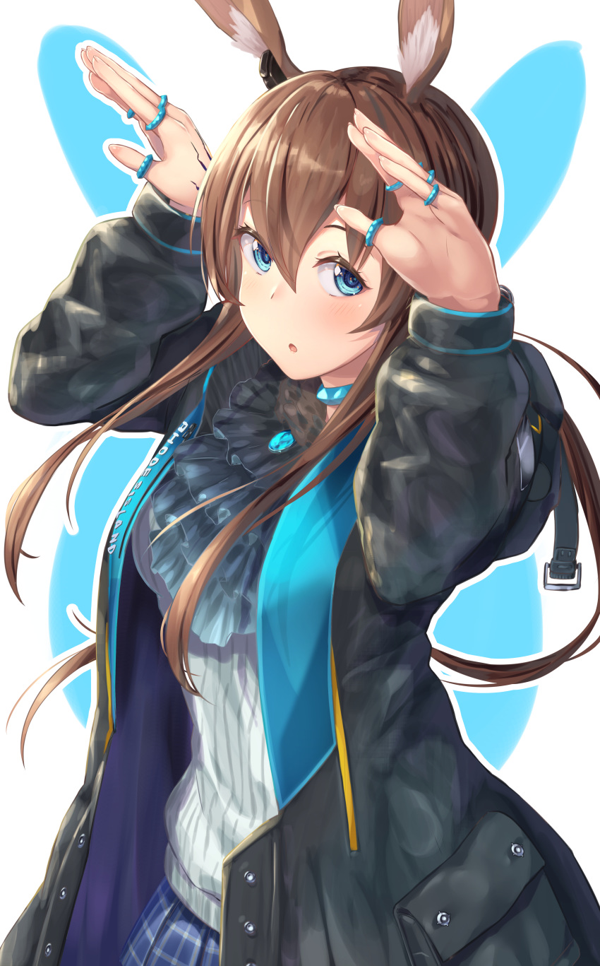 1girl absurdres amiya_(arknights) animal_ears arknights black_jacket blue_background blue_eyes blue_skirt blush brown_hair bunny_pose collar cowboy_shot earpiece eyebrows_visible_through_hair eyelashes frilled_collar frills hair_between_eyes highres jacket jewelry long_hair long_sleeves looking_at_viewer multiple_rings neck_ring outline parted_lips pendant plaid plaid_skirt rabbit_ears ribbed_sweater ring simple_background skirt solo sweater takechii_(user_fpya5735) thumb_ring two-tone_background white_background white_sweater